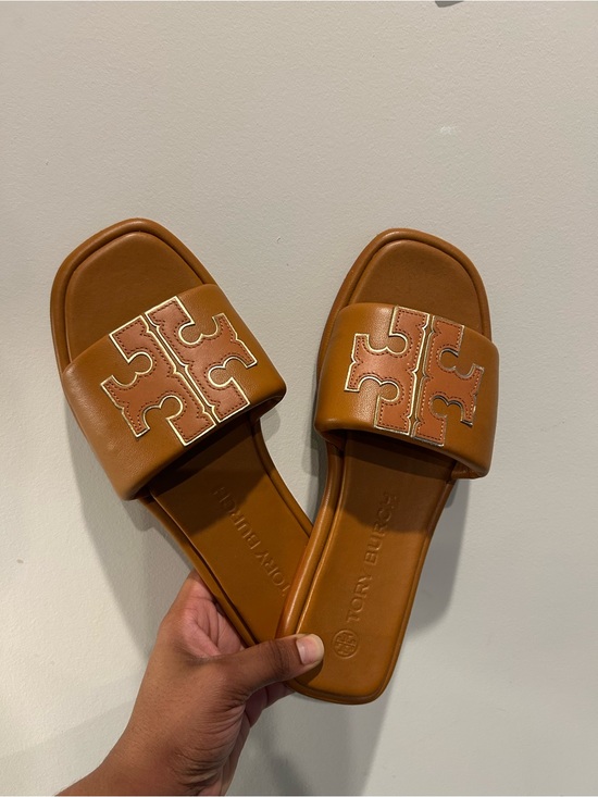Tory Burch Shoes - Tory Burch Cognac Leather Logo Slide Sandals
